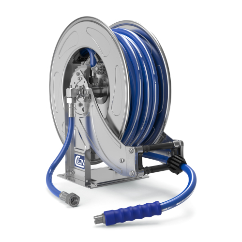 Hose reel, open 304SS, Midi+ Reel, 17.5" Diameter, 13mm ID x 15m PVC, G 1/2" F - R 1/2" M (FDA)