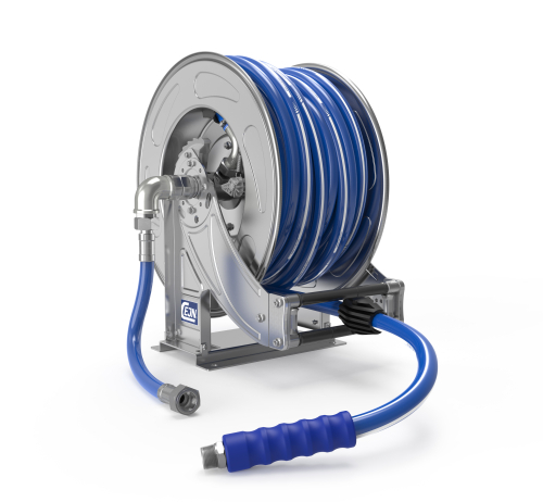 Hose reel, open 304SS, Midi+ Reel, 17.5" Diameter, 19mm ID x 20m PVC, G 3/4" F - R 3/4" M (FDA)