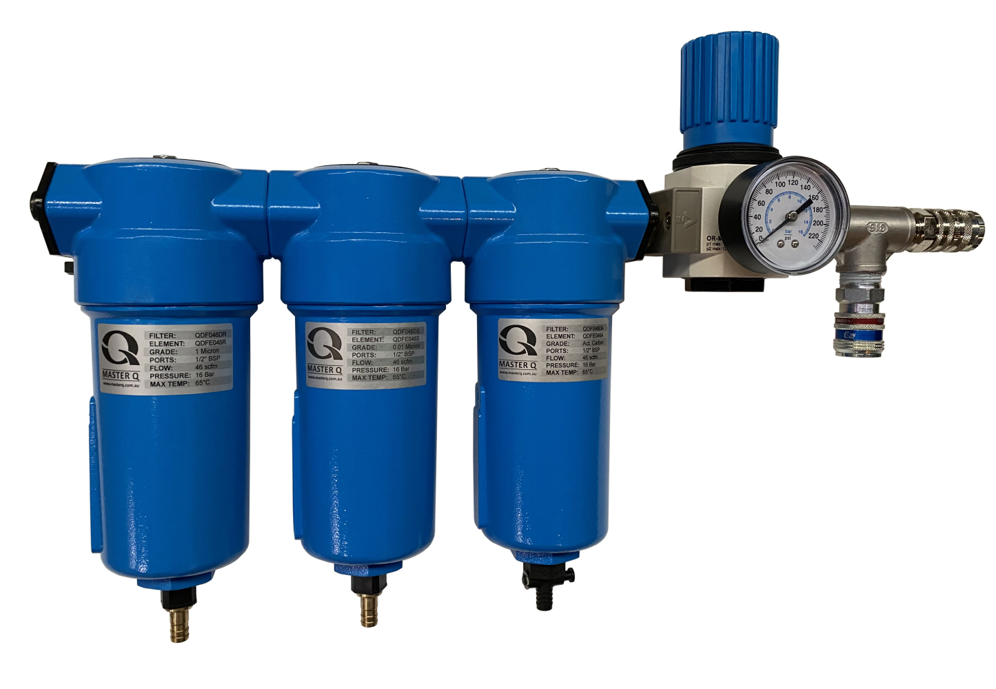 Triplex Filter Filter set, triplex, 1/0.01 mic & A/C, 46CFM. Inc auto drains, mount ...
